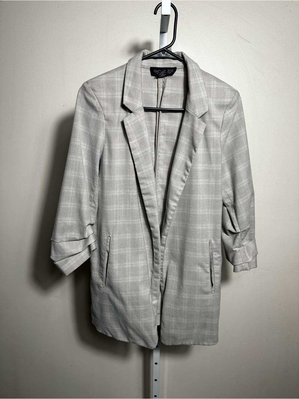 H64. Rachel Zoe Plaid Longline Blazer Women’s Medium Ruched Sleeves
